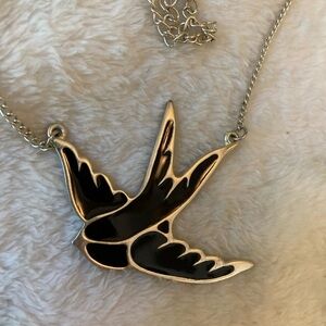 Black Enamel Bird in Flight Silver Tone Finished Necklace‎